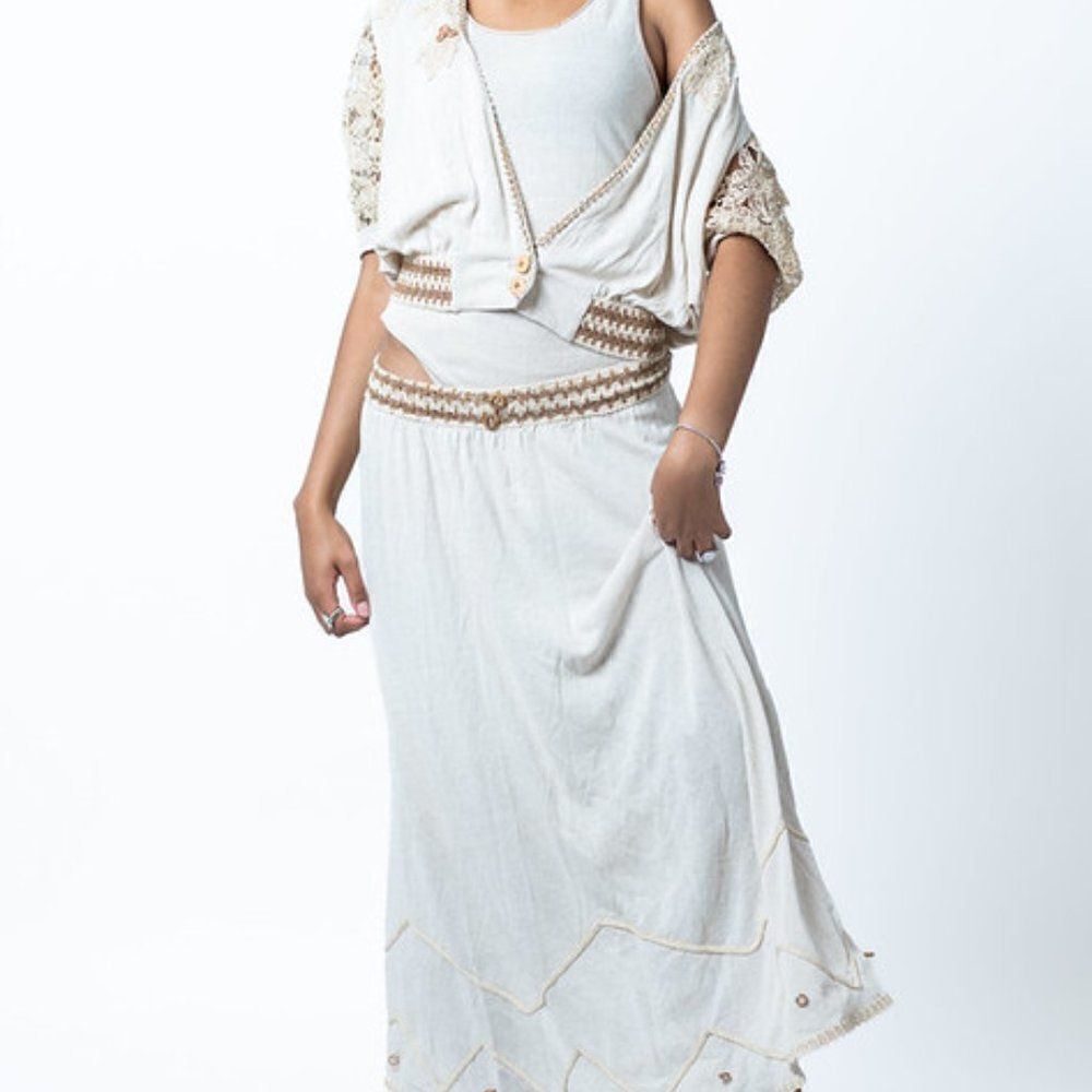 Skirt Set Women's Ivory Oatmeal‎ Linen Embroidered Crochet France M/L